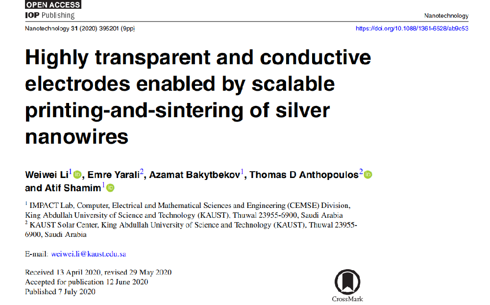 《Nanotechnology》：通過可擴展的銀納米線印刷和燒結(jié)實現(xiàn)高度透明和導(dǎo)電電極